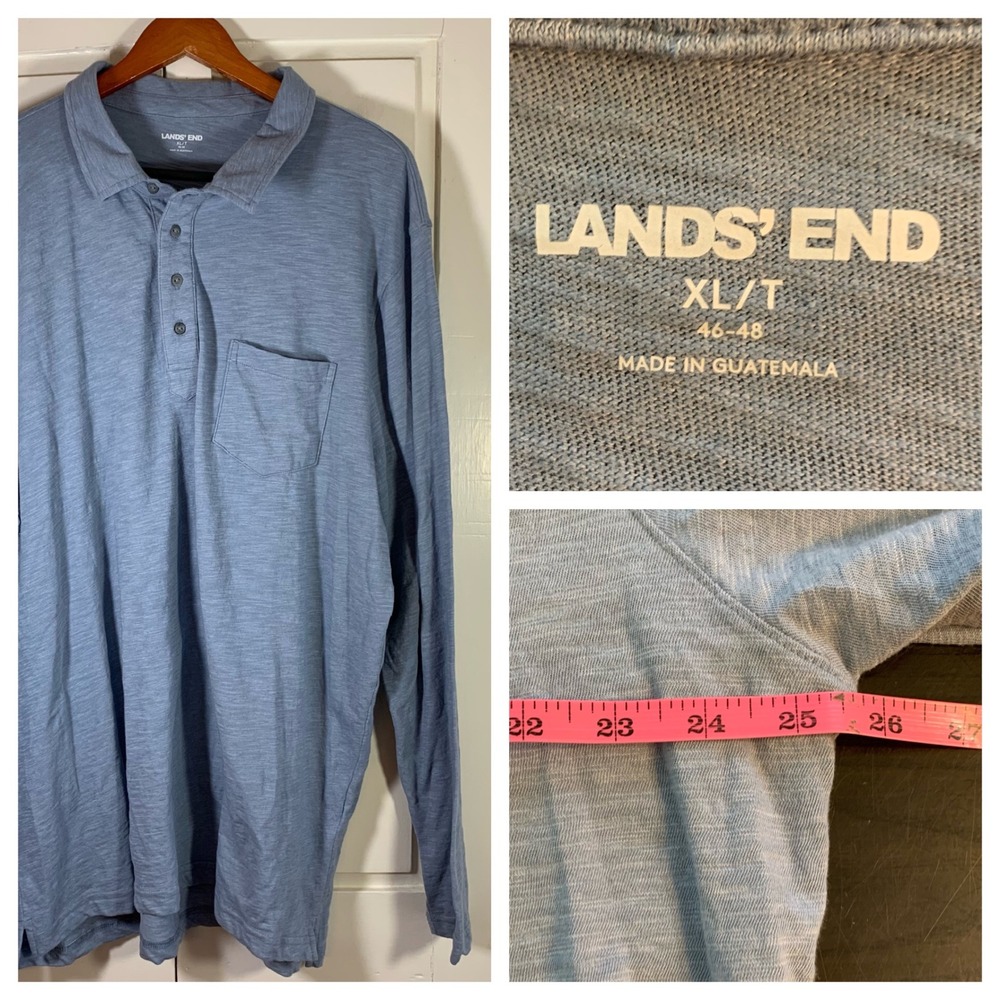 Lands End Mens XL T Long Sleeve Polo Shirt Blue Pocket Comfort Knit Casual